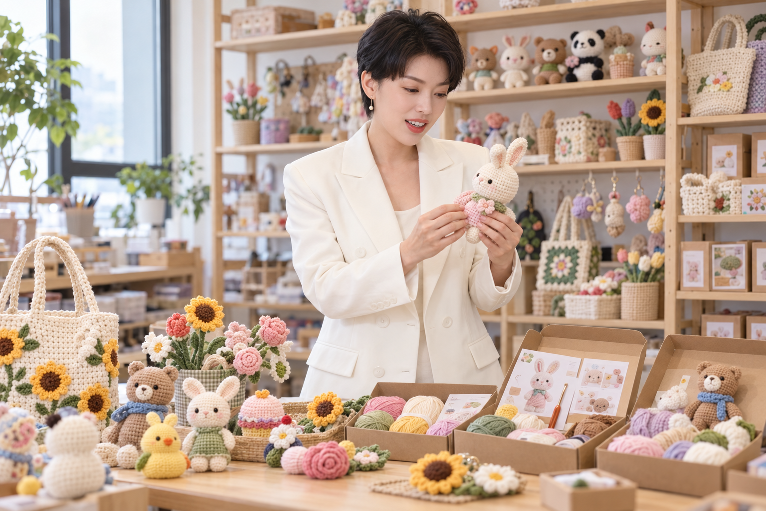 Crochet products and DIY kits on display