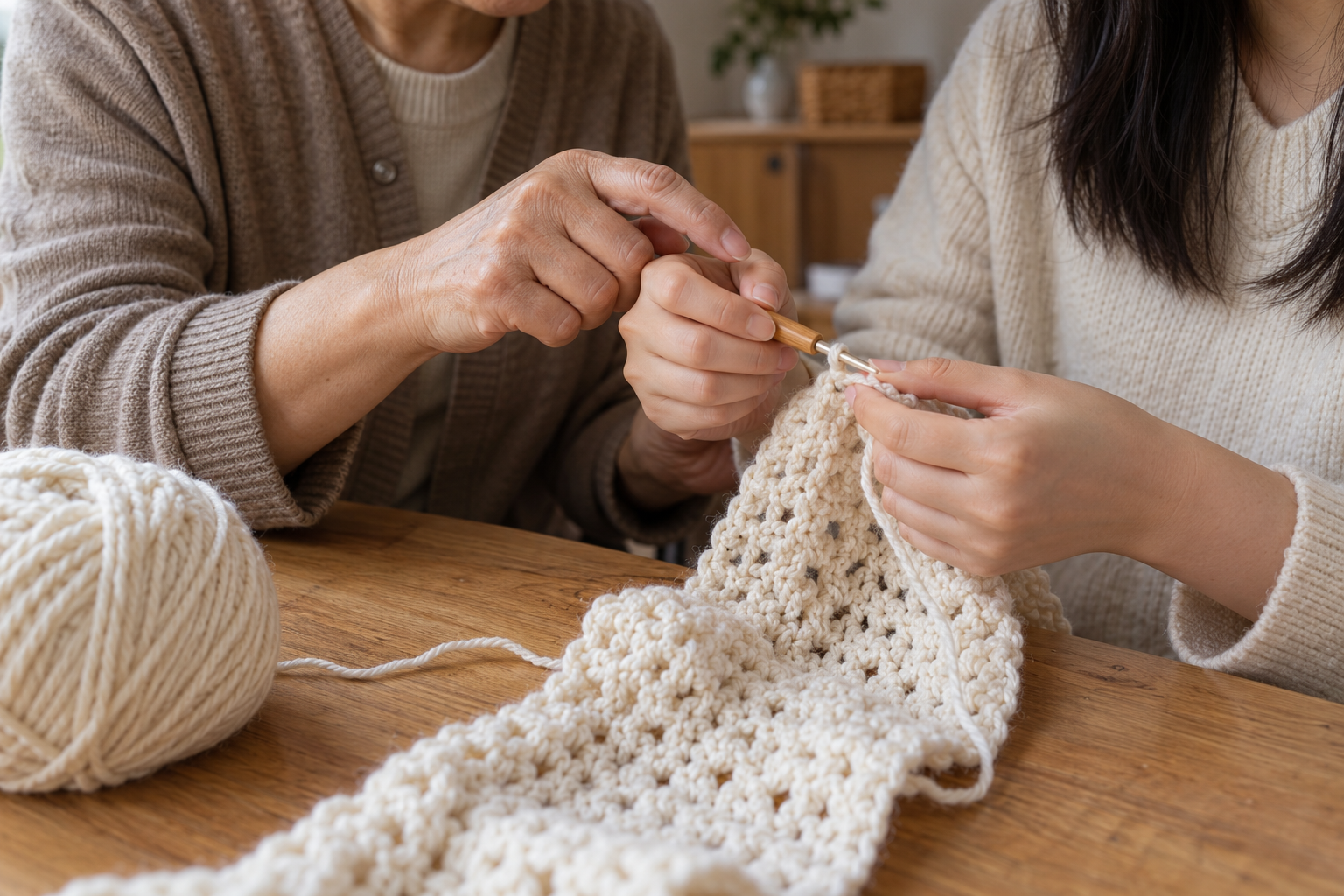 A mother teaching her daughter to crochet
