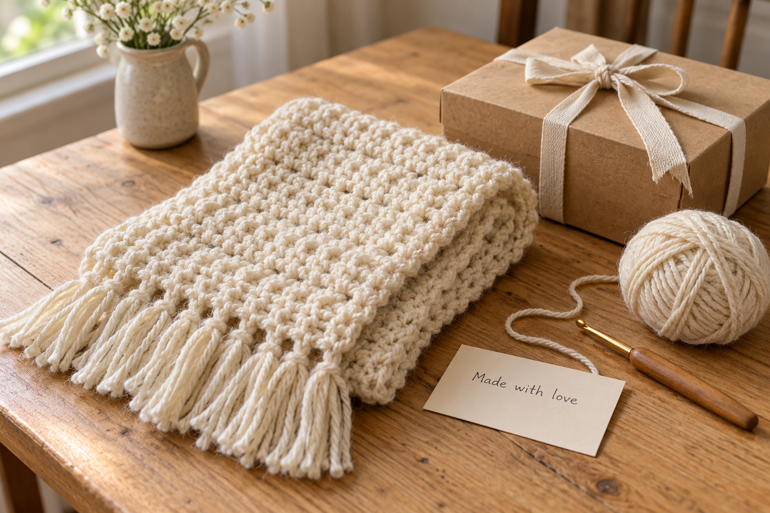 Handmade crochet scarf prepared as a gift